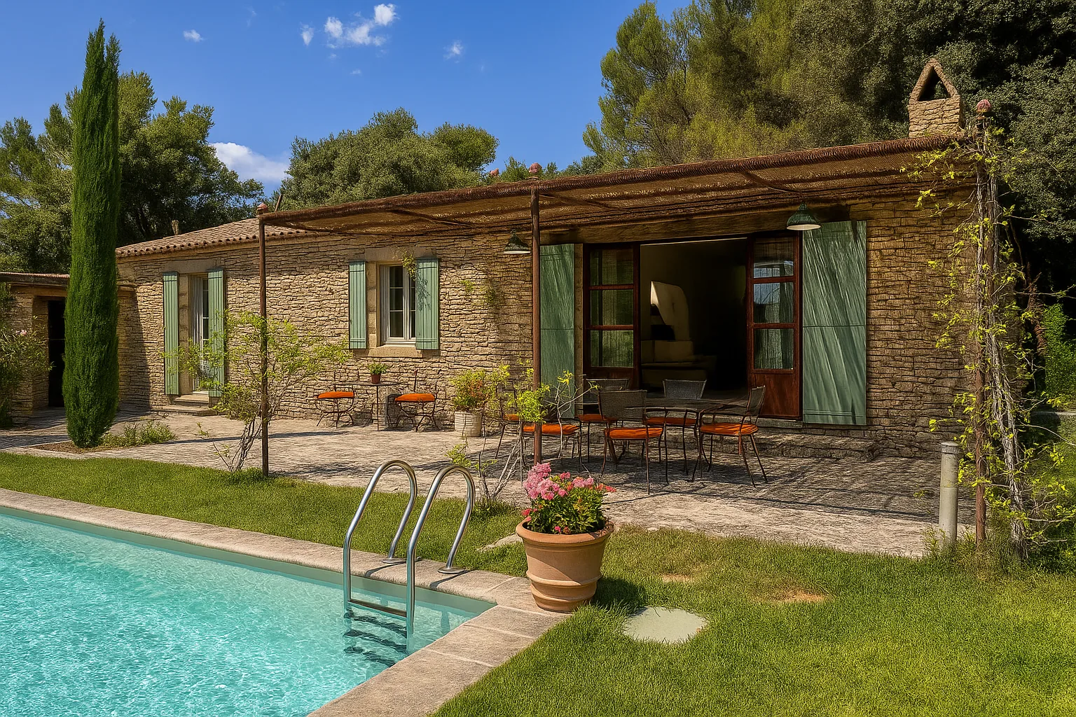 Façade avec pergola et terrasse